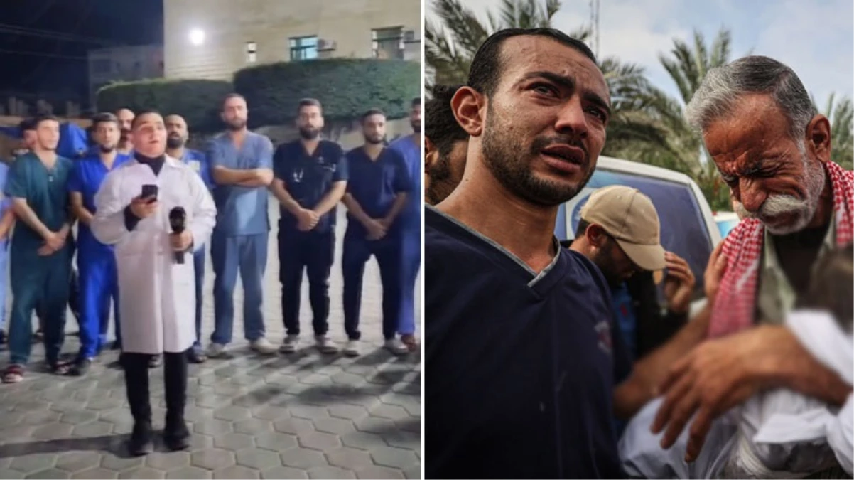 Gazze’deki doktorlar hastane önünde toplanarak “Burada Kalacağız” isimli ezgiyi okudu