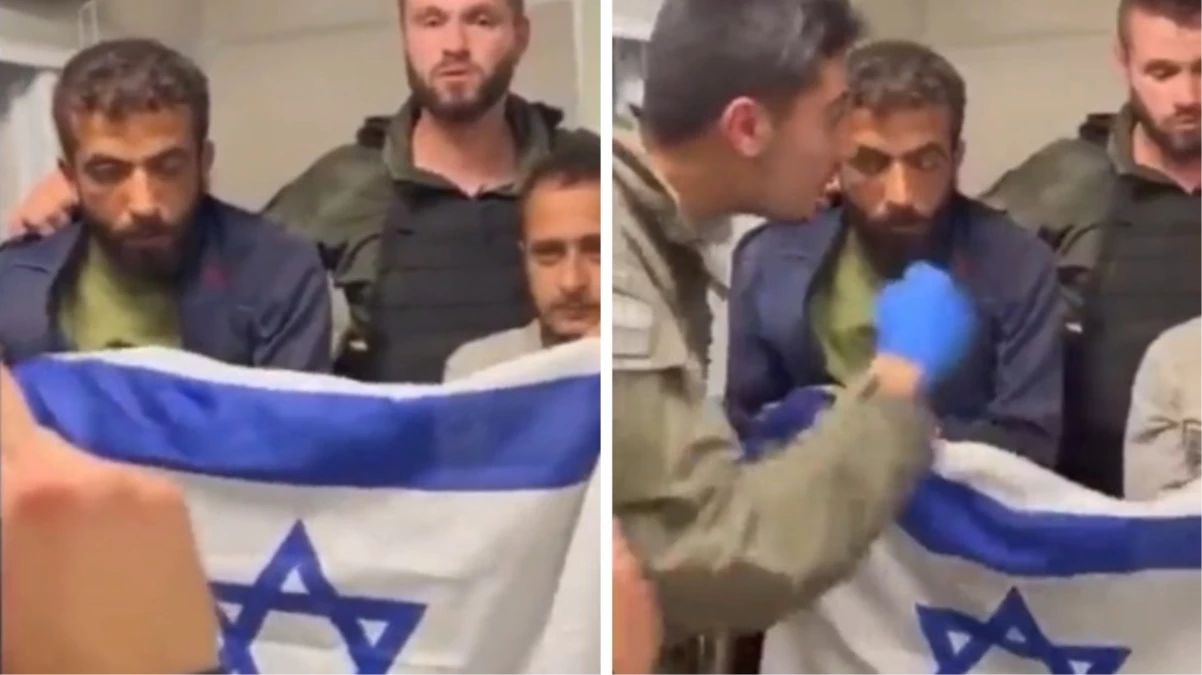 İsrail askerleri, esir alınan 2 Filistinliyi bayrağın önünde “Yaşasın İsrail” demeye zorladı