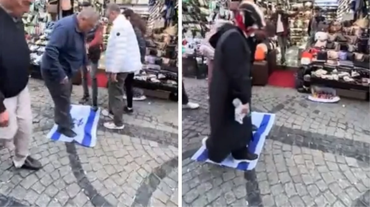 İstanbul’da bir esnaf, protesto amacıyla İsrail bayrağını yere serdi; gelen geçen çiğnedi