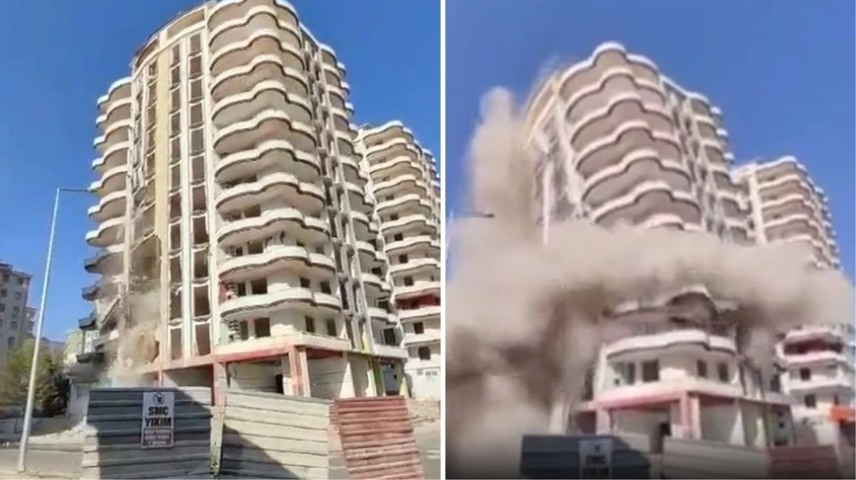 Ağır hasarlı bina çalınan ıslığın ardından böyle yıkıldı