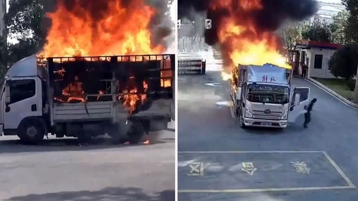 Çin’de kamyon alev aldı, cesur sürücü sayesinde facianın önüne geçti