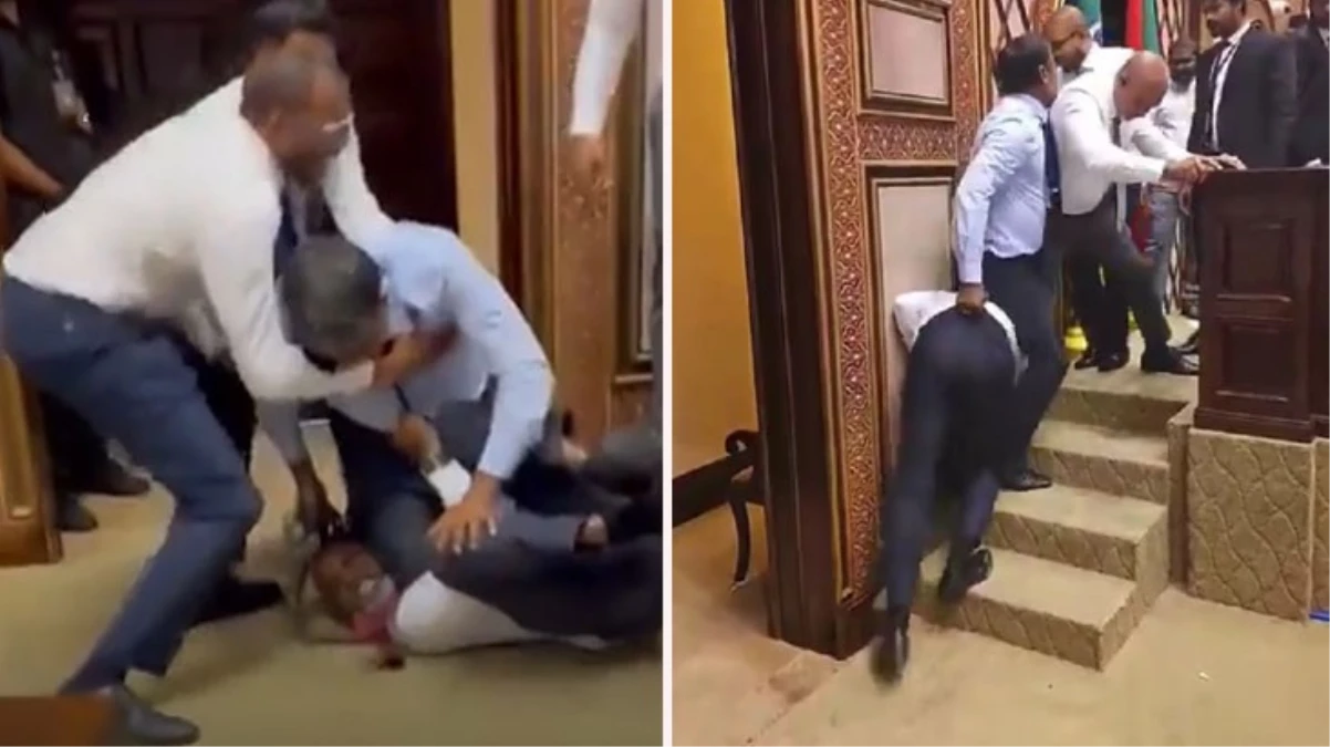 Maldivler Meclisi’nde enteresan anlar! Vekiller birbirinin saçını çekti