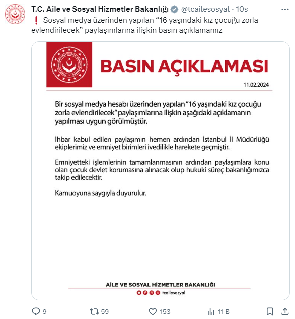 Bakanlığı harekete geçiren paylaşım: 16 yaşındaki kız çocuğu zorla evlendirilecek