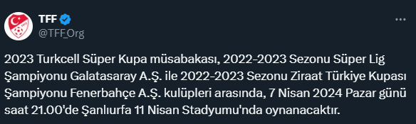 Süper Kupa finali 7 Nisan'da Şanlıurfa'da oynanacak