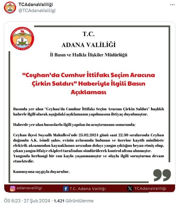 Adana'da AK Partili adayın seçim minibüsünün yanmasıyla ilgili valilikten açıklama: Yangının nedeni elektrik aksamındaki arıza