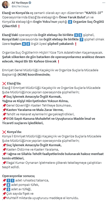 Elazığ ve Konya'da eşzamanlı düzenlenen operasyonlarda 2 suç örgütü çökertildi