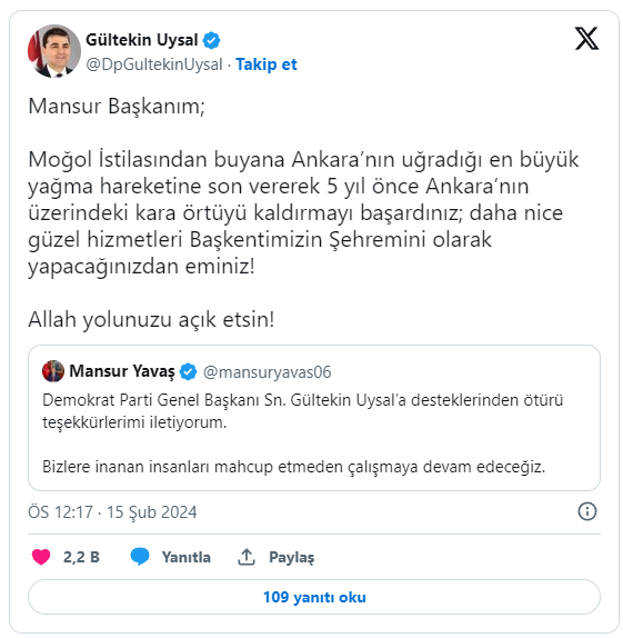 DP Genel Başkanı Uysal'dan yerel seçimde İmamoğlu ve Yavaş'a destek kararı