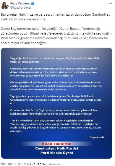 CHP Genel Başkan Yardımcısı Koza Yardımcı istifa etti