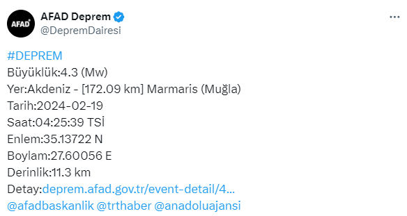 Muğla'da 4.3 büyüklüğünde deprem! Sarsıntı çevre illerde de hissedildi