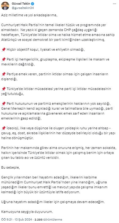 CHP'nin Esenyurt'tan başkan adayı göstereceği konuşulan Gürsel Tekin partisinden istifa etti