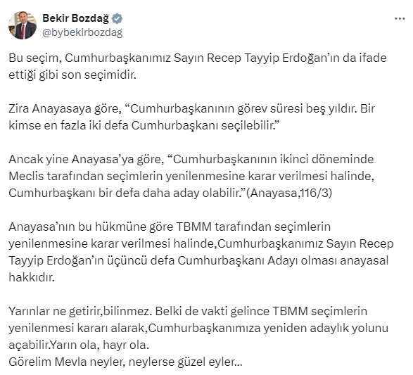 Bozdağ: TBMM seçimlerin yenilenmesi kararı alarak, Cumhurbaşkanımıza yeniden adaylık yolunu açabilir