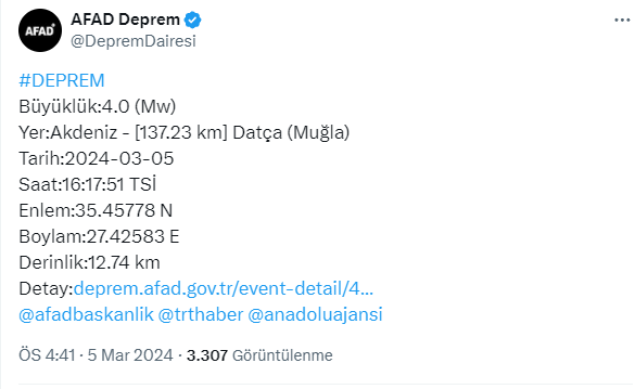 Muğla'da 4 büyüklüğünde deprem meydana geldi