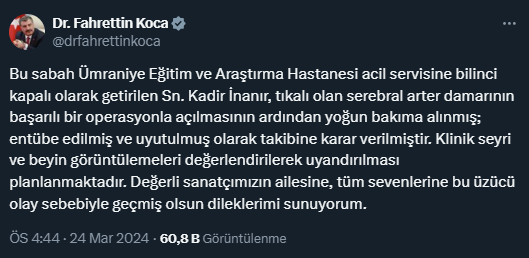 Sağlık Bakanı Koca'dan Kadir İnanır'ın durumuyla ilgili açıklama: Uyandırılması planlanıyor