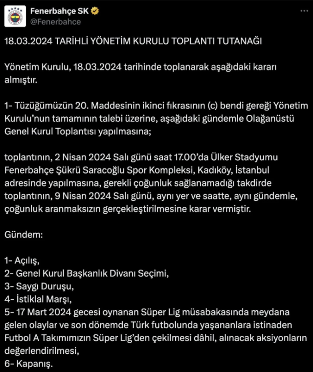 Fenerbahçe, ligden çekilme gündemiyle 2 Nisan'da olağanüstü genel kurul toplantısı kararı aldı