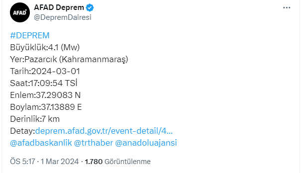 Kahramanmaraş'ta 4,1 büyüklüğünde deprem meydana geldi