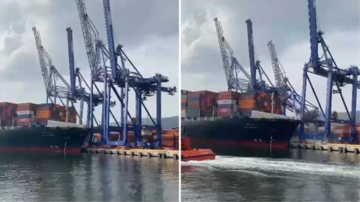 Kocaeli’de limana yaklaşan gemi duramadı, devasa vinçler domino taşı gibi devrildi