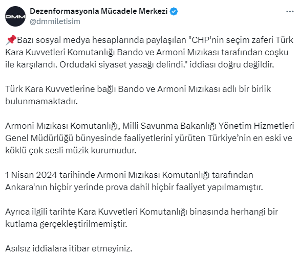 İletişim Başkanlığı, Kara Kuvvetleri bandosunun CHP'nin seçim zaferini kutladığı iddiasını yalanladı