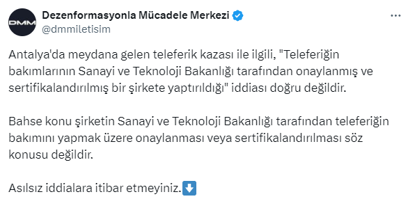 İletişim Başkanlığı: Teleferiğin bakımlarının Sanayi ve Teknoloji Bakanlığı'nın onayladığı şirkete yaptırıldığı iddiası doğru değil