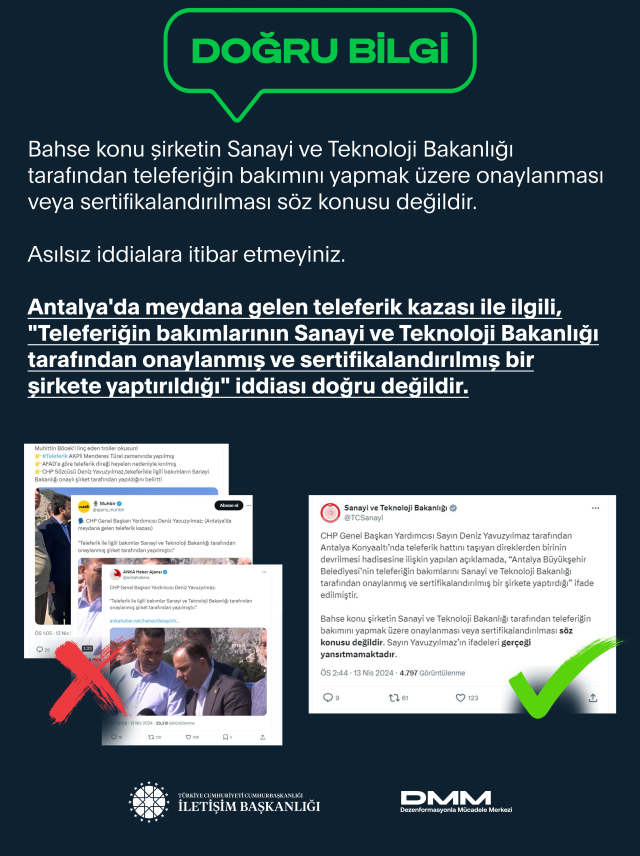 İletişim Başkanlığı: Teleferiğin bakımlarının Sanayi ve Teknoloji Bakanlığı'nın onayladığı şirkete yaptırıldığı iddiası doğru değil