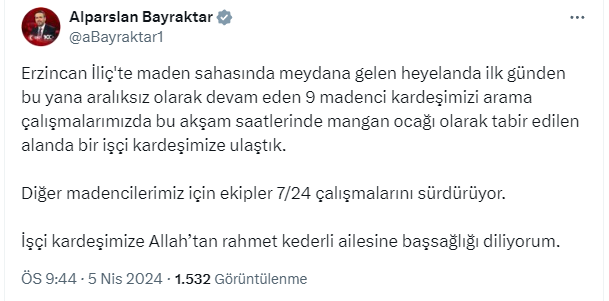 Erzincan İliç'teki maden kazasında heyelan altında kalan 9 işçiden 1'inin cansız bedenine ulaşıldı