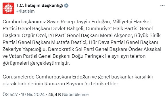 Cumhurbaşkanı Erdoğan, siyasi partilerin genel başkanlarının Ramazan Bayramı'nı kutladı