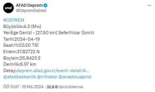 İzmir Seferihisar'da 4.5 büyüklüğünde deprem! Sarsıntı çevre illerde de hissedildi