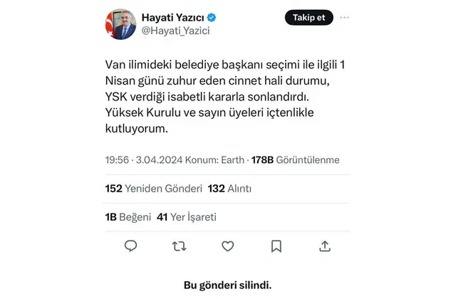 AK Partili Yazıcı'nın Van ikilemi! Önce YSK'yı tebrik etti, sonra sildi