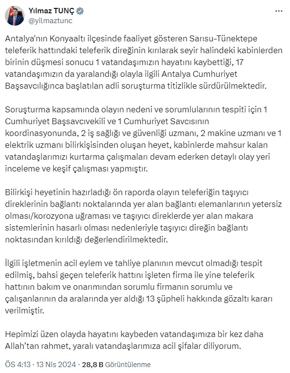 Antalya'daki teleferik kazasına ilişkin bilirkişi heyetinin hazırladığı ön rapor ortaya çıktı