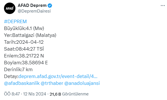 Malatya'da 4.1 büyüklüğünde deprem! Sarsıntı çevre illerden de hissedildi