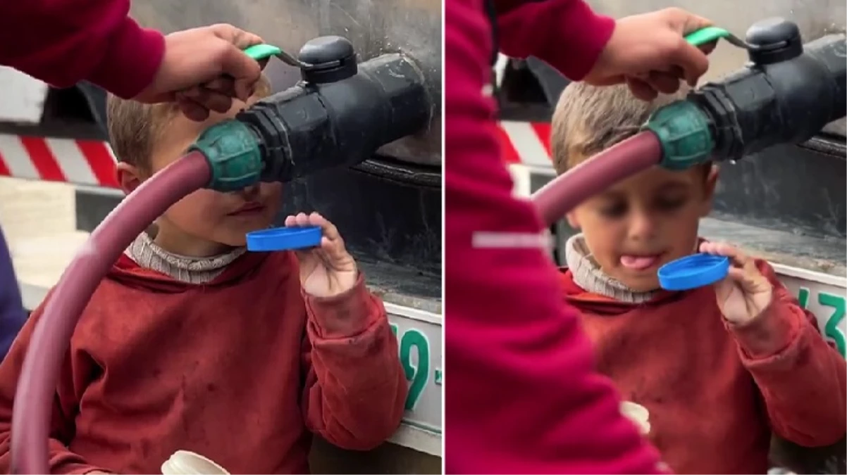 Gazze’de yürek yakan görüntü! Hortumdan damlayan suyu kapağa doldurmaya çalıştı