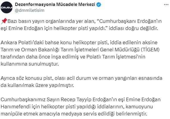 Dezenformasyonla Mücadele Merkezi: Emine Erdoğan için helikopter pisti yapıldığı iddiası doğru değil