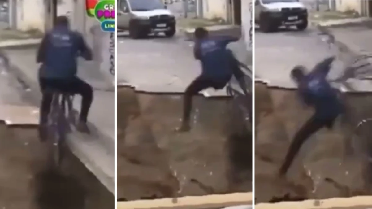 Canlı yayın esnasında ilginç kaza! Bisiklet sürücüsü yolun ortasında açılan çukura düştü
